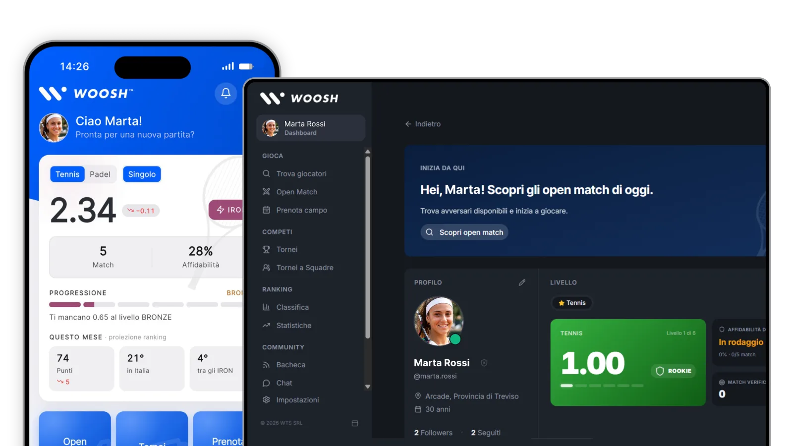 Dashboard giocatore su app mobile e web - Woosh